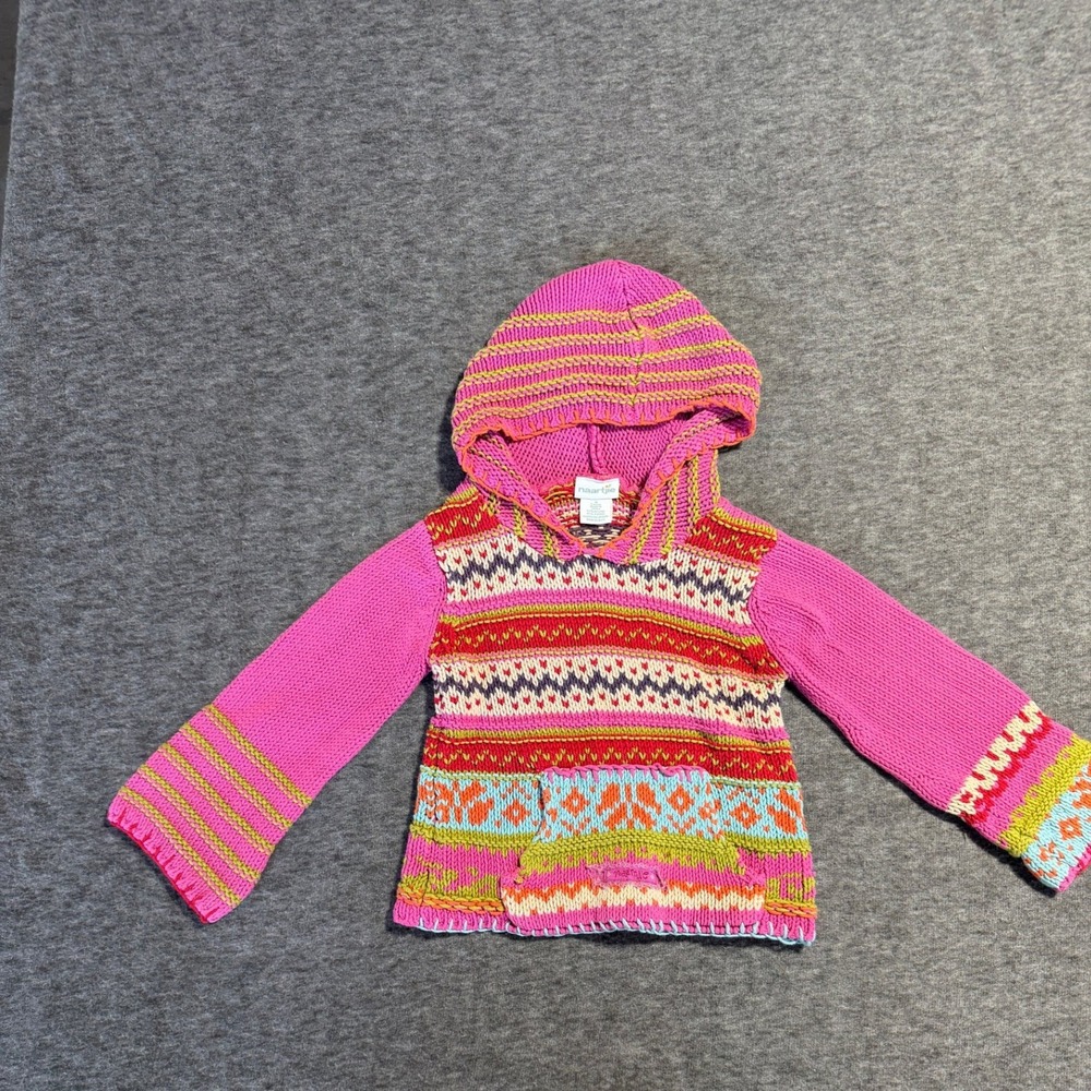 Naartjie Kids Pink Fair Isle Knit Hoodie Sweater Girls Size 5 Years Boho Striped